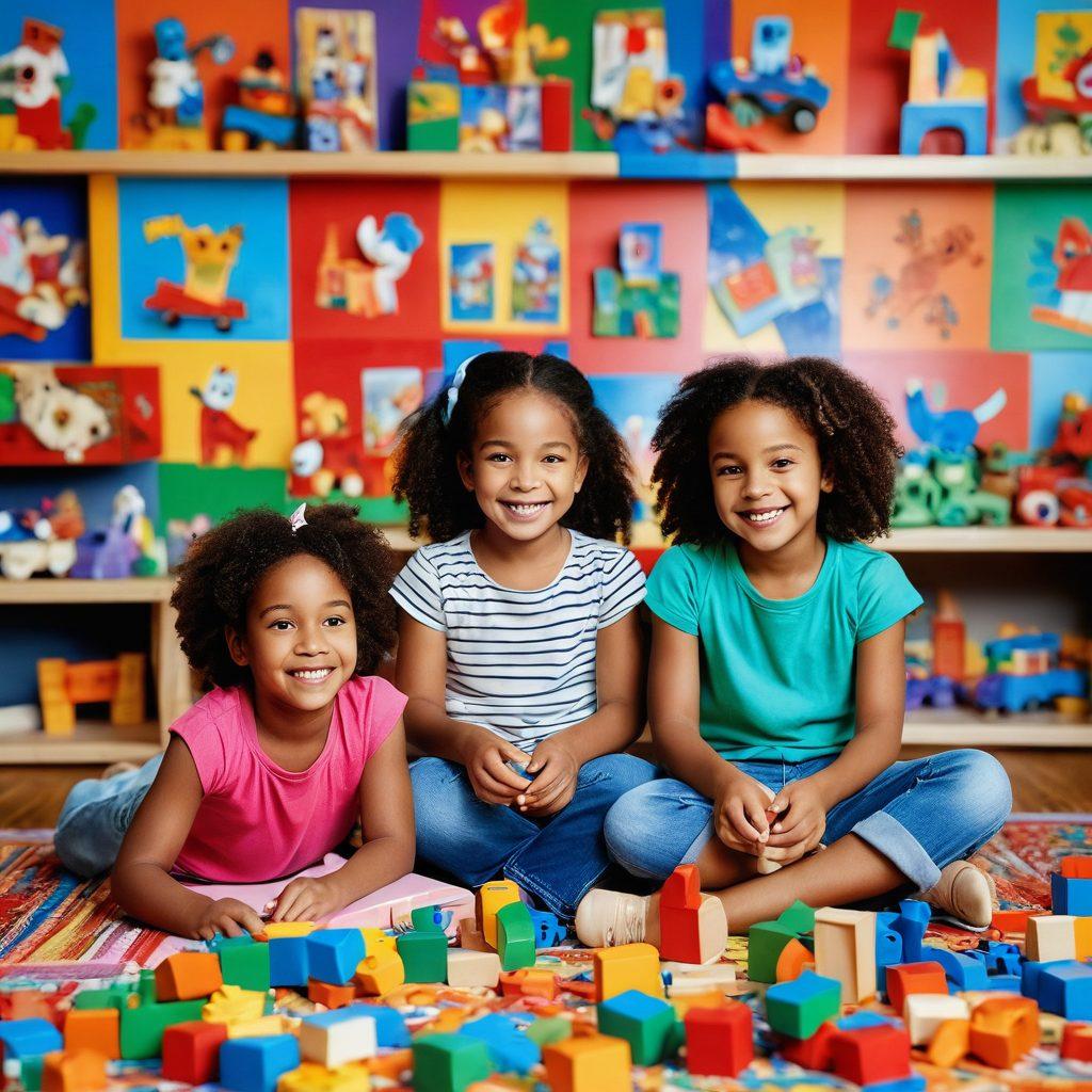 A whimsical scene showcasing a diverse group of children joyfully playing with a variety of educational toys, surrounded by vibrant colors and creative designs. Include building blocks, art supplies, and puzzles as key elements, set in a bright, cheerful room filled with imaginative artwork on the walls. Emphasize the expressions of creativity and joy on the children's faces while they collaborate and learn together. bright colors. playful style. 3D.
