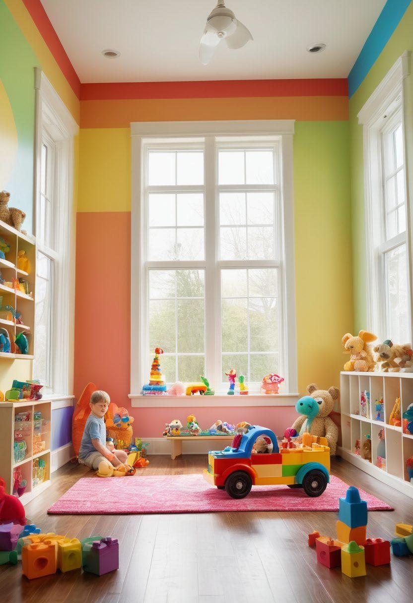A whimsical playroom filled with an array of vibrant and unique toys, including colorful building blocks, playful stuffed animals, and imaginative vehicles. Bright rainbow colors burst throughout the scene, with kids joyfully exploring and playing together. Soft sunlight filters in through a large window, creating a warm and inviting atmosphere. Include magic sparkles and playful cartoon elements to enhance the excitement! vibrant colors. 3D.